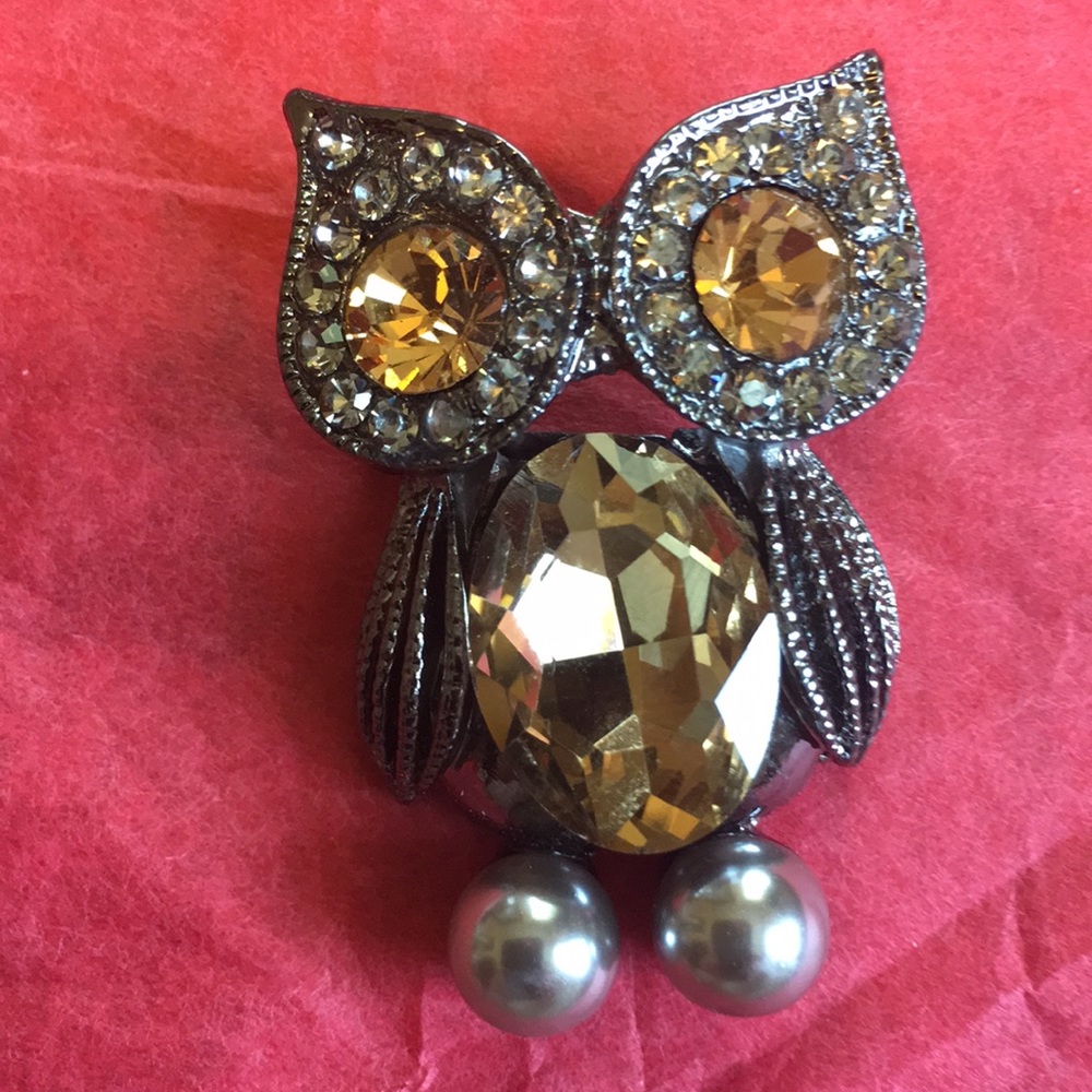 Pewter look jeweled owl brooch, 3 available